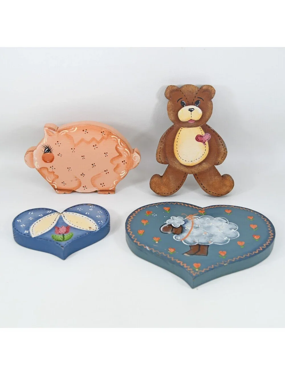 Vintage 1980s Wood Heart Pig Sheep Bear Hand Painted Granny Cottage Core Nursery